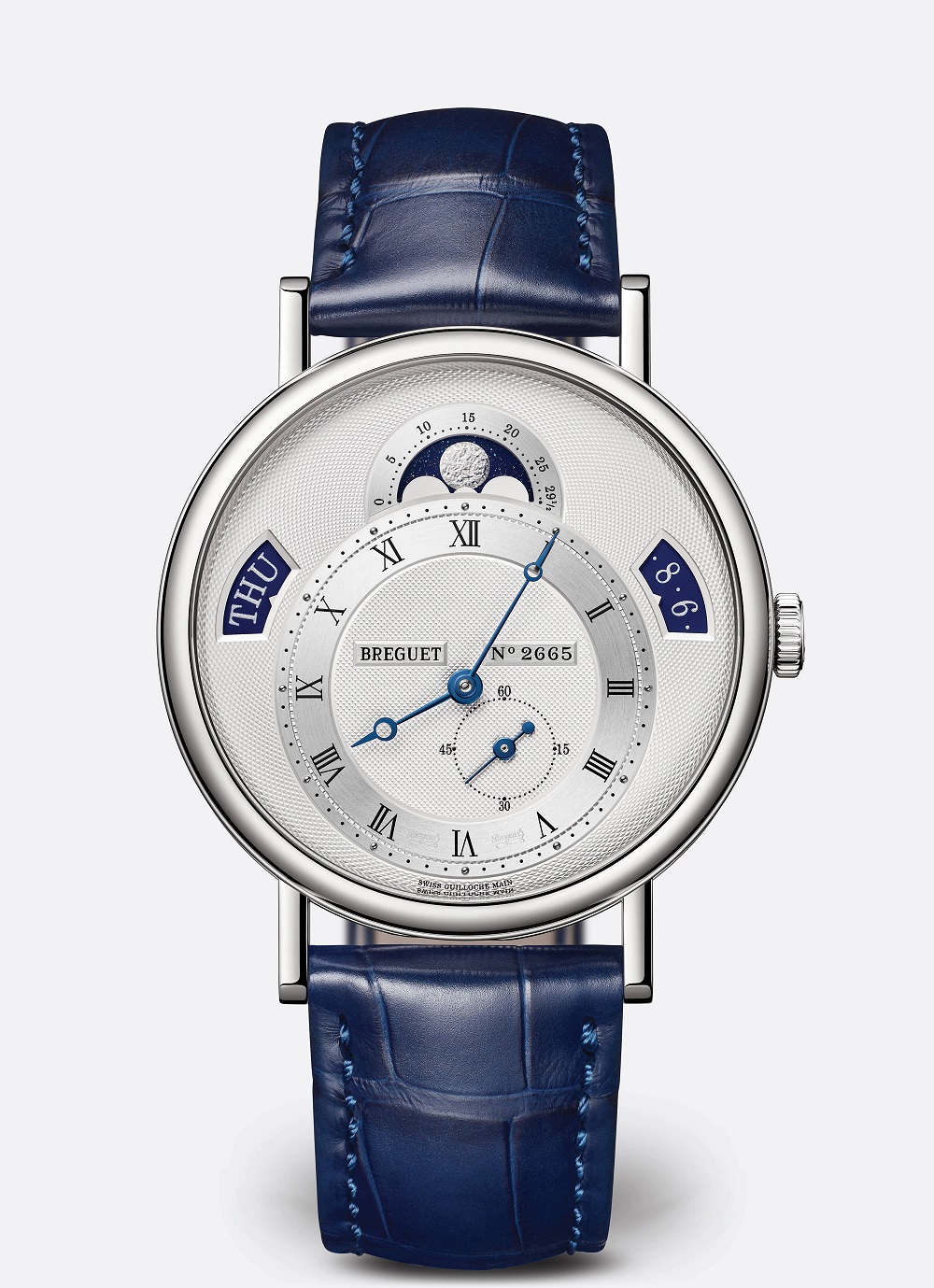 Montre or gris Cadran blanc date phases de lune Classique Breguet